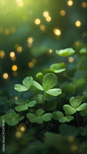  Festive background with shining green four-leafed clover shamrocks and golden bokeh in a green. St. Patrick's Day backdrop. Generative AI-Four-Leafed Clover in Green Background,good luck illustration