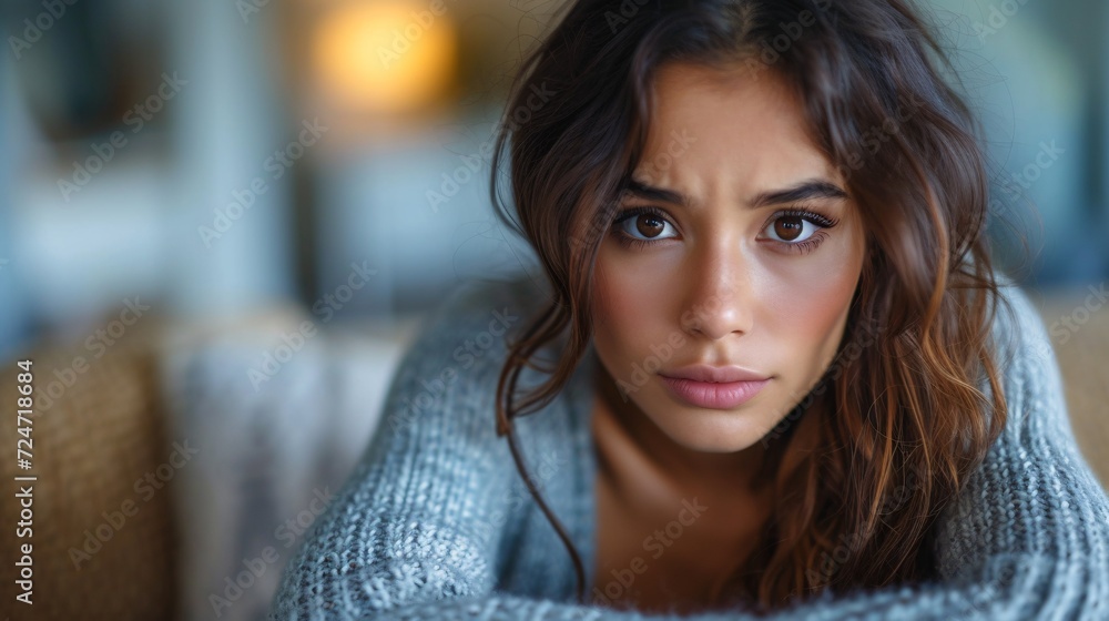 Attractive Hispanic female weeping on the couch in her residence. Attractive Hispanic female weeping on the couch in her residence.