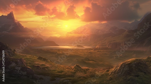 Fantasy landscape with mountains at sunset. 3d illustration