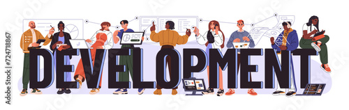 Programming development inscription, word. People coding, analyse, communicate. Professional coder team works together with business web project. Flat isolated vector illustration on white background