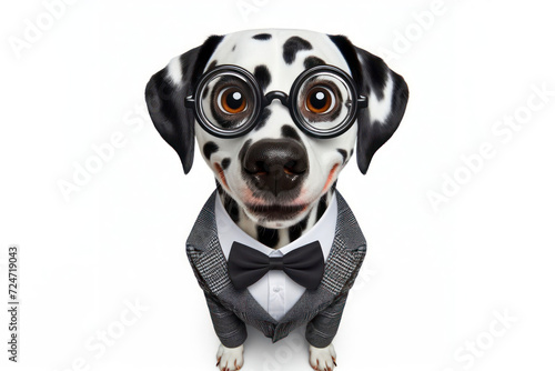 full body Portrait dalmatian dog with bulging big eyes wear suit isolated on solid white background. ai generative