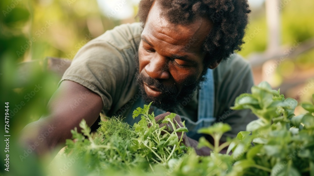 Senior gentleman picking fresh herbs, captured in a horizontal portrait. Senior gentleman picking fresh herbs, captured in a horizontal portrait.