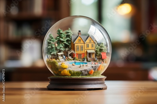 miniature world with a lake and trees in a glass terrarium