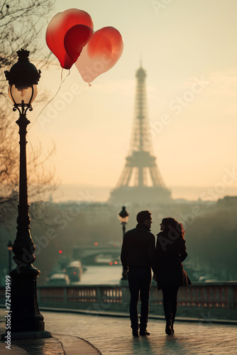Romantic couple enjoying parisian view with heart-shaped air balloons © pijav4uk