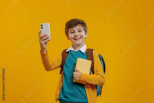 happy boy in uniform taking a selfie