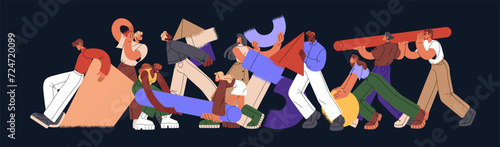 Teamwork, business collaboration, partnership concept. Employees team building in office. People work together. Colleagues create new project with geometric shapes. Flat isolated vector illustration