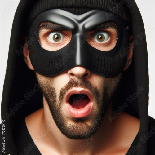 man in a black robber mask with a shocked expression isolated on solid white background. ai generative