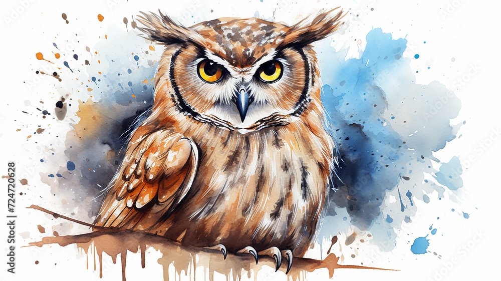 Wise owl, a forest bird with expressive eyes in colored splashes of watercolor paints Wise owl, a forest bird with expressive eyes in colored splashes of watercolor paints