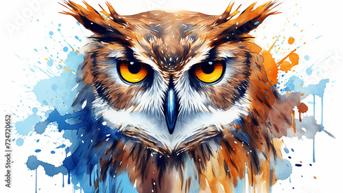 Wise owl, a forest bird with expressive eyes in colored splashes of watercolor paints © kichigin19
