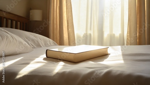 a book placed on a bed with white linen illuminated by the gentle morning light filtering through the curtains