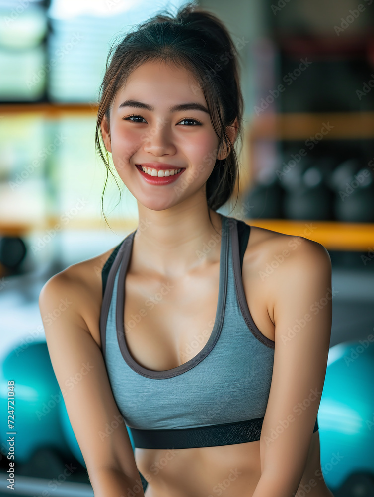 Portrait of happy teenager woman after sport workout in fitness. Exercise and healthy concept Portrait of happy teenager woman after sport workout in fitness. Exercise and healthy concept