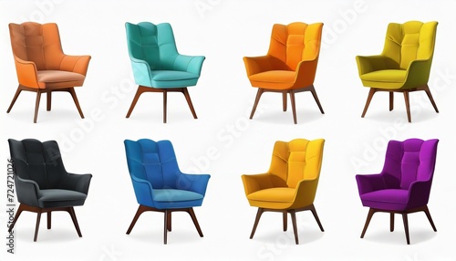 collection of midcentury modern arm chairs in various colors isolated on a background