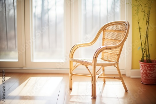 single rattan chair in bright morning sunlight