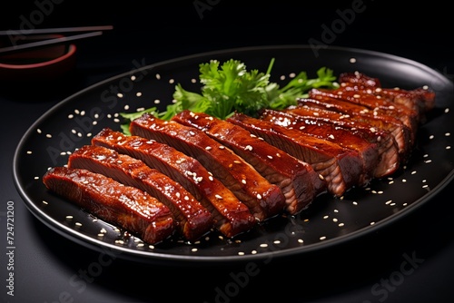 Thin slices of Char Siu, the delectably glazed Chinese barbecue pork, are meticulously arranged on an styled plate, creating a visually enticing display that captures the rich colors and succulent tex