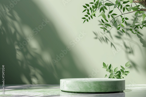 Empty podium with leaves and shadows on green background for product presentation. Copy space photo