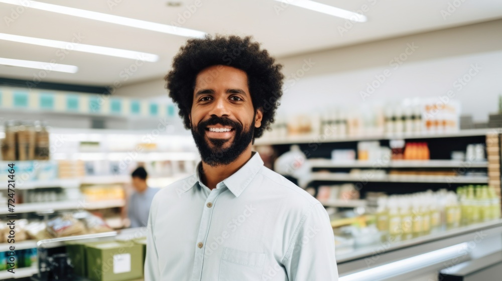 Fototapeta premium Portrait of a male cashier in a horizontal format at the supermarket.