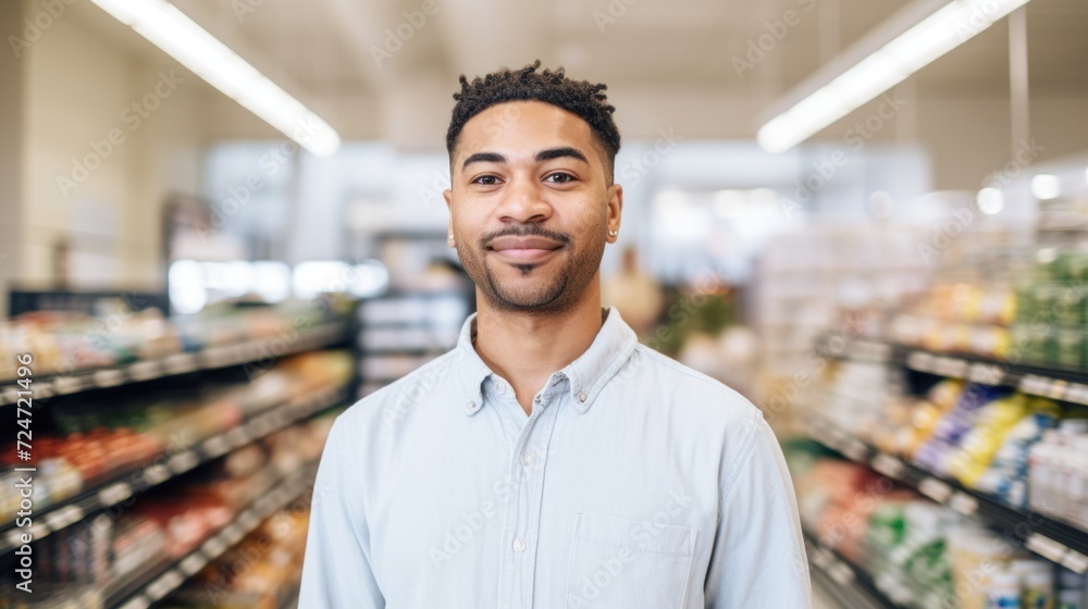 Horizontal portrayal of a diverse cashier man working in a grocery store. Horizontal portrayal of a diverse cashier man working in a grocery store.