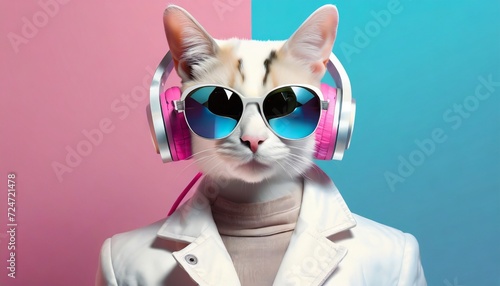 generative ai illustration of fantasy character with cat head in sunglasses and headphones wearing white jacket listening to music against pink and blue background