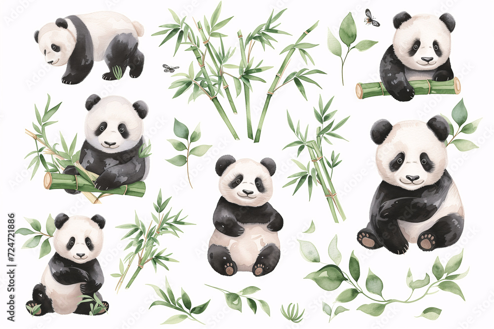 Collection of watercolor pandas in various poses with bamboo shoots and leaves, capturing the playful and gentle nature of these beloved animals. Collection of watercolor pandas in various poses with bamboo shoots and leaves, capturing the playful and gentle nature of these beloved animals.