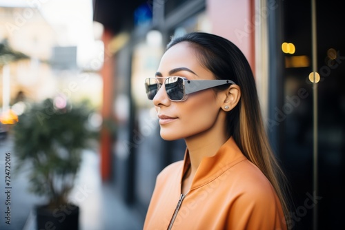 woman wearing futuristic smart glasses