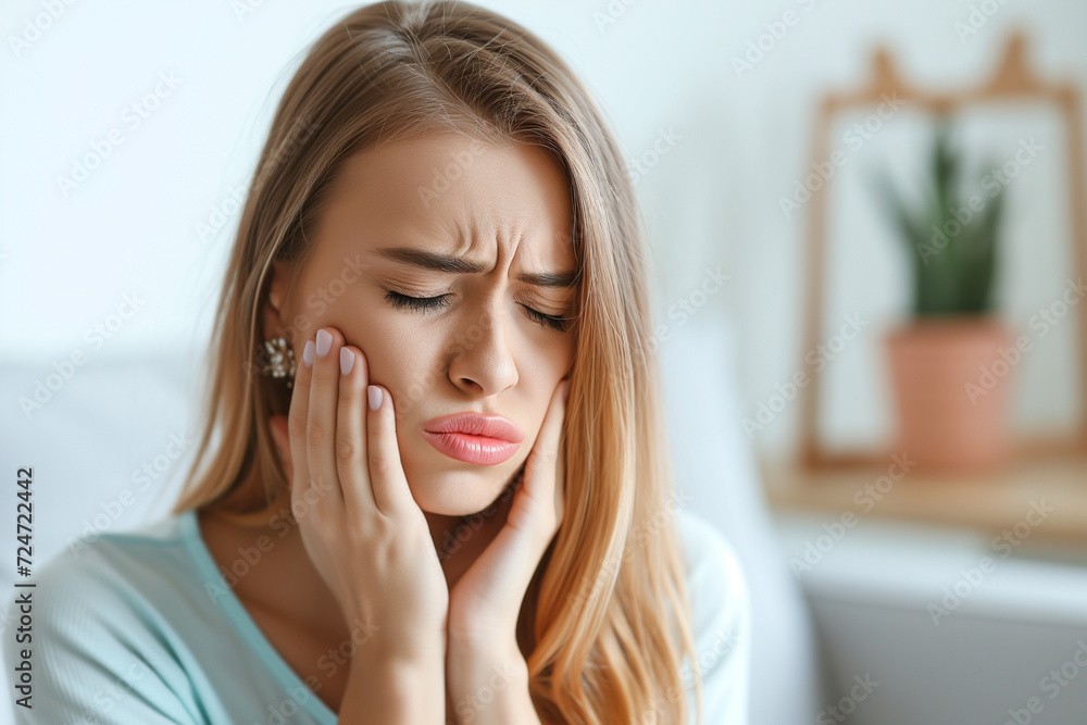 Young woman has a toothache touching her swollen cheek. Health care, tooth disease concept Young woman has a toothache touching her swollen cheek. Health care, tooth disease concept