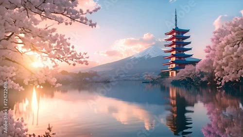 Gradient Japanese temple with lake photo