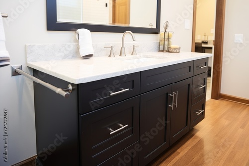 modern black vanity with marble countertop