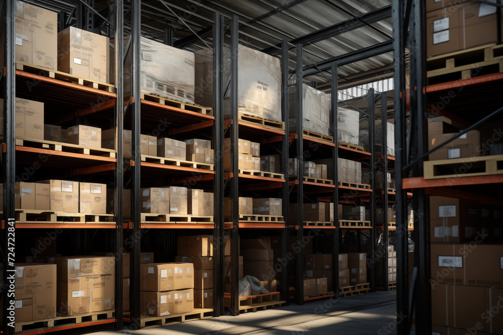 Large warehouse full of shelves with goods in cardboard boxes and packages