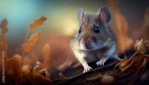 Fluffy rodent sitting in green autumn grass with blur background 