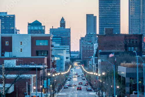 Des Moines Iowa skyline in USA at night photo