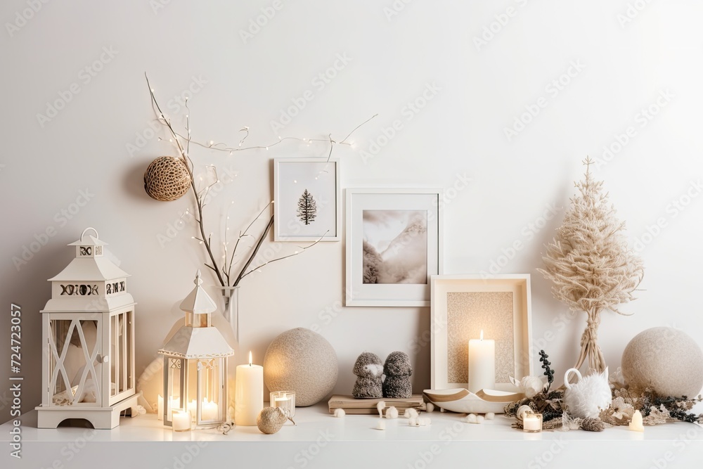 composition for Christmas. against a white background, a small table with gifts, lanterns, and decorations. Concept of Christmas, Winter, and New Year. place a copy