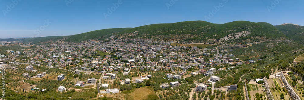 Aerial view of Pekiin Druze village houses in northern Israel