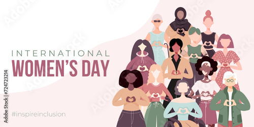 International Women's Day banner, backround, poster. Inspire inclusion 2024 campaign. Group of women of different ethnicity, age, body type, hair color vector illustration in flat style. photo