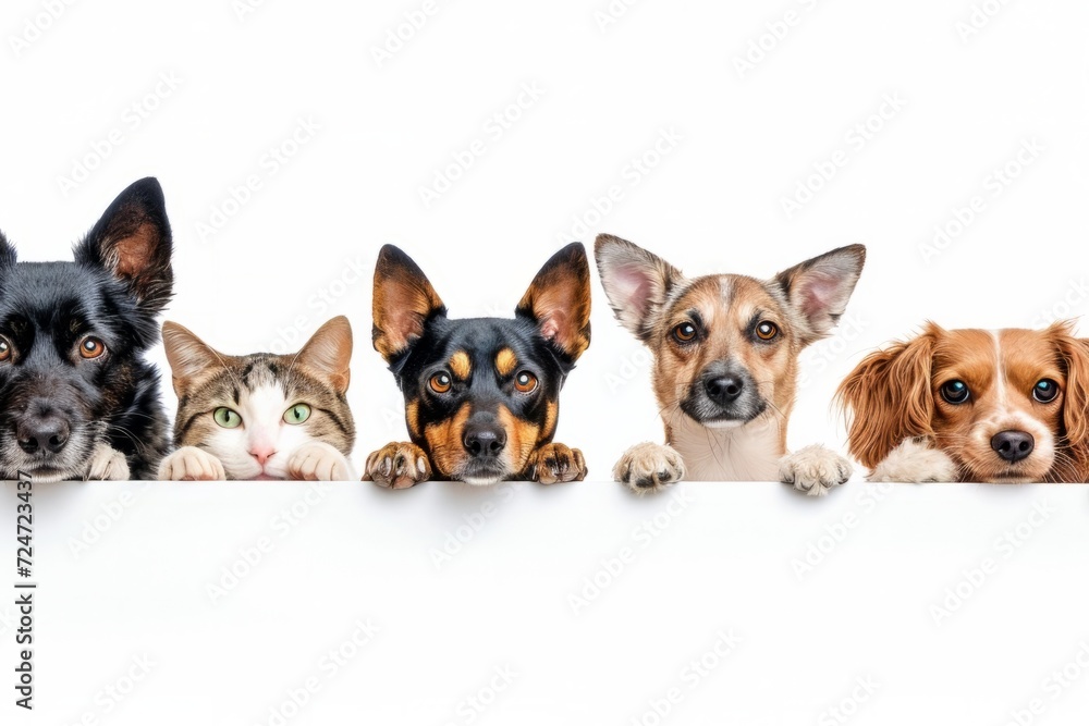 Adorable Mixed Breed Dogs and Cats Peeking Over Edge - Group Pet Portrait - obrazy, fototapety, plakaty 
