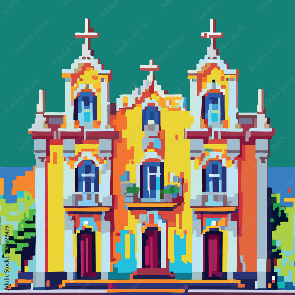 Fototapeta premium Igreja colonial histórica, estilo barroco, pixel art.