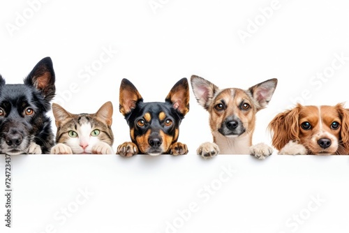 Adorable Mixed Breed Dogs and Cats Peeking Over Edge - Group Pet Portrait photo