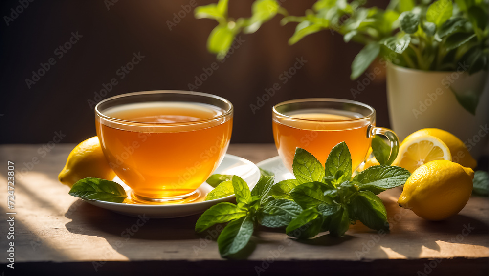 Hot tea with lemon, mint in the kitchen organic Hot tea with lemon, mint in the kitchen organic