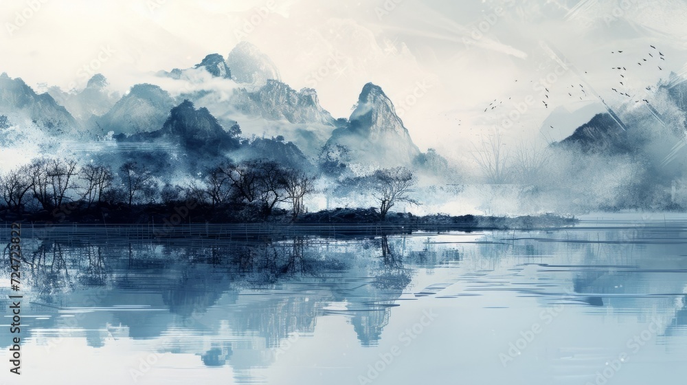Fototapeta premium Ethereal Mountain Landscape with Mist and Reflective Lake Tranquility