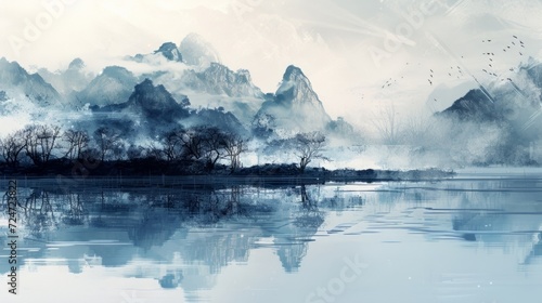 Ethereal Mountain Landscape with Mist and Reflective Lake Tranquility