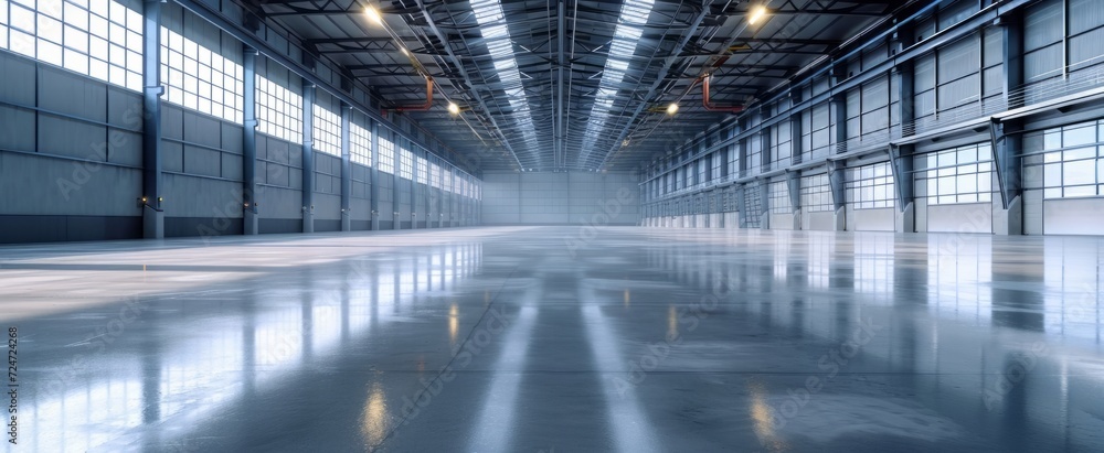 Spacious Modern Industrial Warehouse Interior with Shiny Reflective Flooring and High Ceiling for Commercial Storage and Logistics Spacious Modern Industrial Warehouse Interior with Shiny Reflective Flooring and High Ceiling for Commercial Storage and Logistics