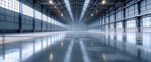 Spacious Modern Industrial Warehouse Interior with Shiny Reflective Flooring and High Ceiling for Commercial Storage and Logistics