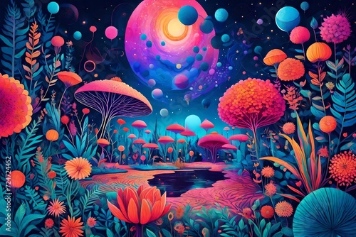 illustration of a cosmic garden  with otherworldly plants burst with vibrant  surreal hues