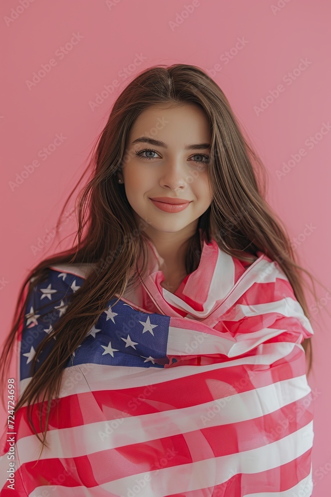 happy and enthusiastic young woman wrapped in an American flag happy and enthusiastic young woman wrapped in an American flag