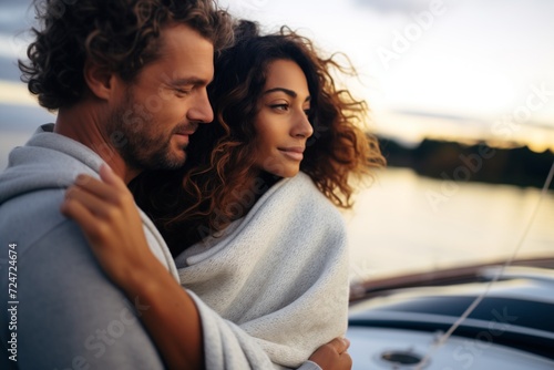 man wrapping blanket around woman on chilly yacht evening