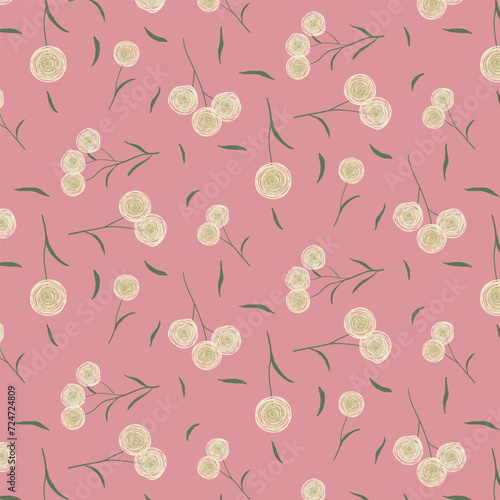 Pink repeat ditsy pattern of hand drawn wispy wildflowers