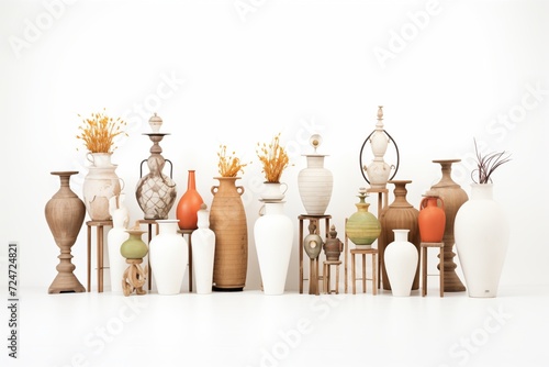 greek amphora vases neatly arranged on white