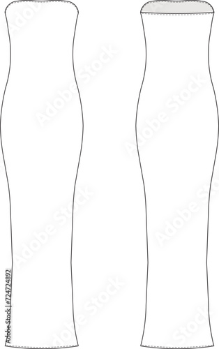 strapless sleeveless long maxi body-con dress gown template technical drawing flat sketch cad mockup fashion woman design style model