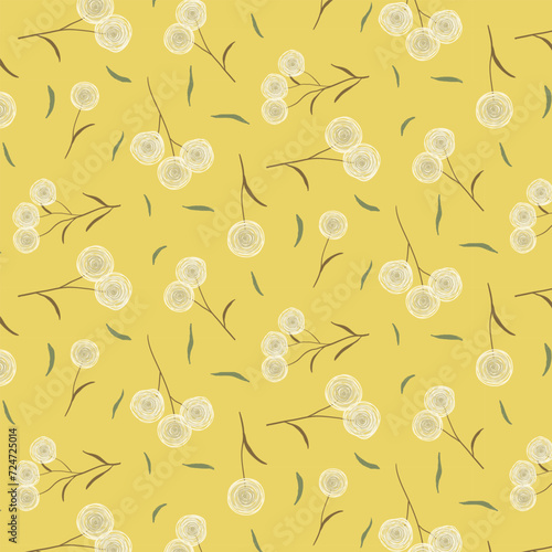 Seamless ditsy pattern of fluffy doodle dandelions and leaves on yellow background. Rustic retro wispy floral print for textiles and paper.