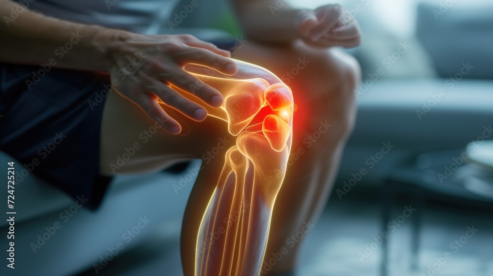 man holding his knee and the superimposed 3D illustration highlights the knee joint in red, indicating pain or inflammation.