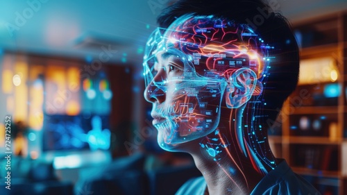 Human profile view with superimposed 3D augmented reality visualization of the human brain and neural networks. brain function  cognition or neurological health.